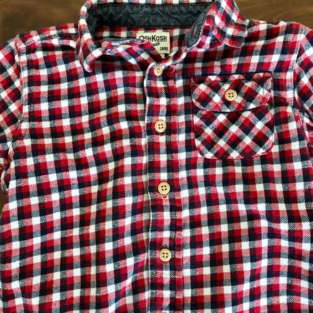 OshKosh B'Gosh Toddler Boy Red Plaid Button-Up Flannel Shirt. Size‎ 3T. Unisex
